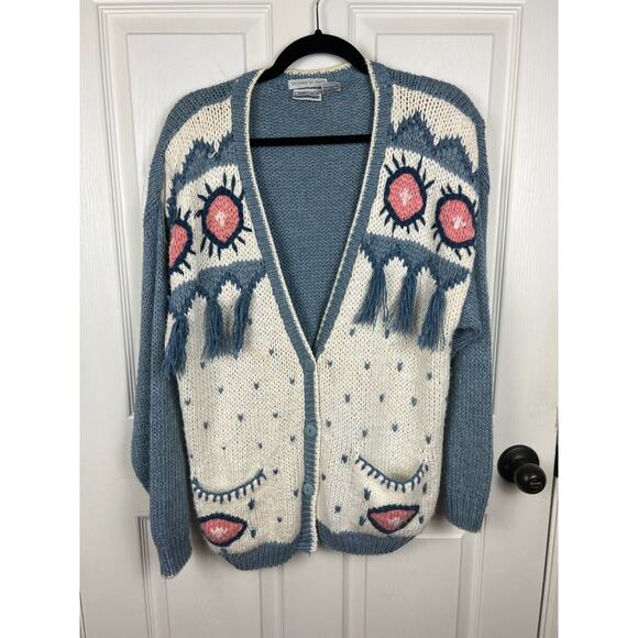 Vintage 80s Cabin Creek Boho Western Grannycore Blue White Cardigan Medium - Picture 8 of 9